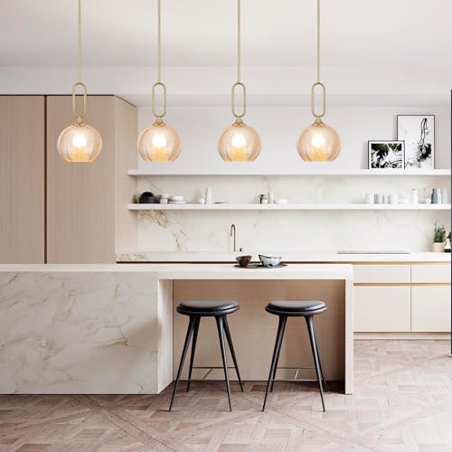 Amber Glass Pendant Light Set of 2 Modern Globe Pendant Lighting Nordic Ribbed Gold Ceiling Hanging Chandelier with Brushed Brass Adjustable Rods Dining Room Kitchen Island Light Fixture - color: Gold-Amber 2 Pack