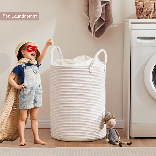 80L Extra Large White Hamper Tall Woven Laundry Basket Cotton Rope Blanket Basket for Living Room Clothes Hamper in Bedroom 16"L x 16"W x 22"H - color: White, size: Extra Large (80L)