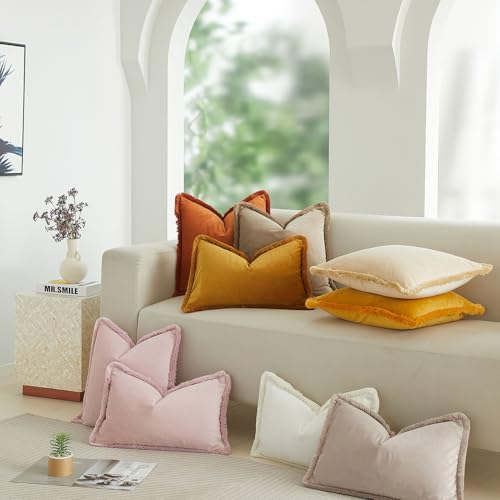 JUSPURBET Champagne Decorative Velvet Fringe Throw Pillow Covers 24x24 Set of 2 Boho Soft Cushion Case for Home Decor Living Room Couch Sofa Bed - color: Champagne, size: 24" x 24" (Pack of 2)
