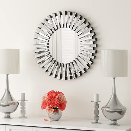 SHYFOY 24 inch Decorative Wall Mirrors, Round Mirror for Wall Decor, Sunburst Modern Silver Decor, Wall-Mounted Hanging Accents Mirror for Living Room Bathroom Bedroom Fireplace - size: 24"L x 24"W