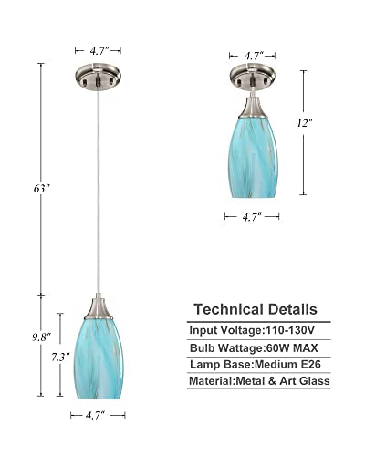karyfine Mini Pendant Light,Handcrafted Art Glass Pendant Lighting Shade with Brushed Nickel Finished Teal Glass Ceiling Hanging lamp Adjustable Cord for Kitchen Island,Hallway,Dining Room - color: Teal with Gold-1Pack