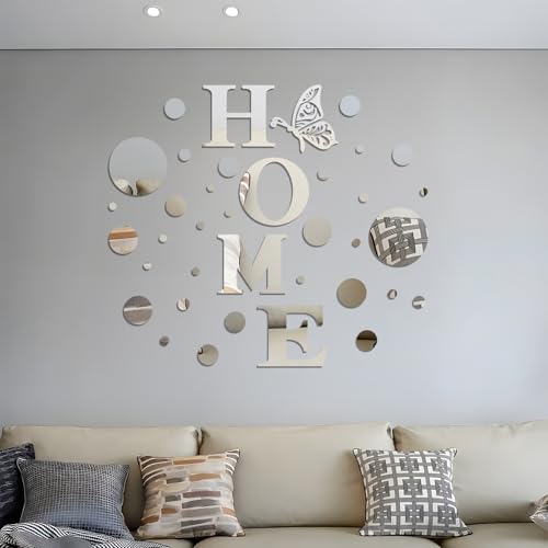 JEPELUS 37 Pieces 3D Mirror Wall Decor Home Sign Letters and Round Shape, Acrylic Acrylic Mirror Wall Stickers Decorative Art Decals for Home Living Room Bedroom Farmhouse Decoration (Silver)