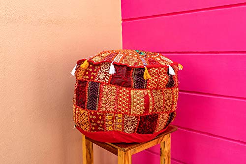 THE ART BOX Cotton Patchwork Vintage Boho Embroidered Bean Bag Seating Pouf Covers Ottoman Kids Stool Decorative Chair Boho Home Décor (14x22 Inches, Cover Only) - color: Red, size: 22"D x 22"W x 14"H