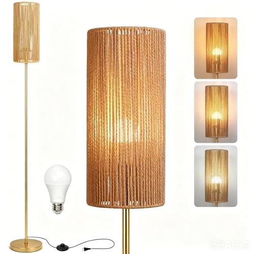 Ruiever Floor Lamp for Living Room,Farmhouse Floor lamp,Modern Standing lamp with Hand-Worked Rattan Shade (Straight Line Rattan Shade Gold Lamp- 3 Color Bulb) - style: Straight Line Rattan Shade Gold Lamp- 3 Color Bulb