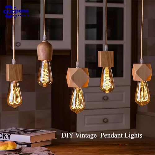 Wooden Lamp Base and Canopy 2-Pack, Modern Geometric & Cylinder Pendant Light Holder with Golden Cord, E26/E27 Socket, Ceiling Fixture Not Included (Square)