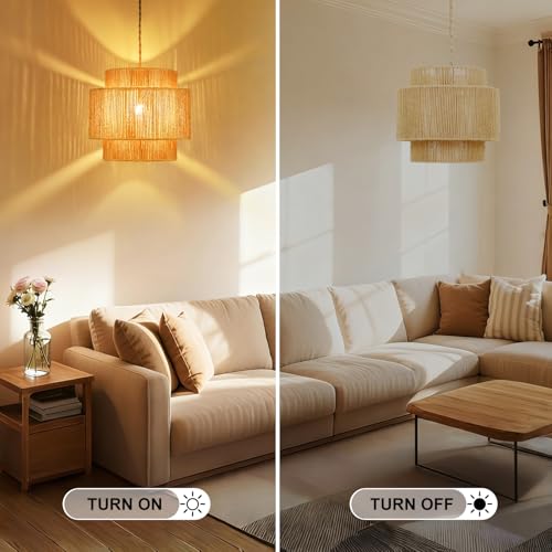 Vinaco Boho Hanging Light Plug in with Rotary Switch, Hand-Woven Dimmable Switch Swag Lamp, 3-Tier Wicker Swag Lights with Plug in Cord 15.4ft, Rattan Wicker Pendant Lights Living Room Corridor Foyer - size: 3 tier HL-8
