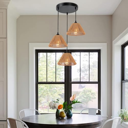 3x Boho Rattan Pendant Lamp Replacement Shade Ceiling Fan Light Bulb Covers Light Shades for Hanging Light Fixtures Shades Only Farmhouse Wicker Woven Lampshade, Ø9.85" x H5.5" - size: Ø9.85"（25cm）