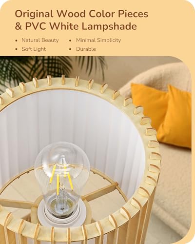 EDISHINE 14.17" Small Table Lamp, Wood Tripod Bedside Lamp, Natural Wood-Colored Hollow & White PVC Shade, E26 Base, Boho Nightstand Lamp for Bedroom, Living Room, Office, Study - style: Minimalist