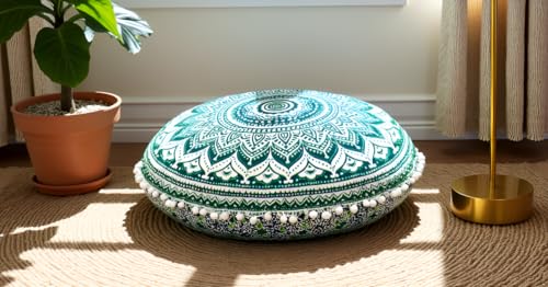 Round Mandala Floor Pillow Cover Seating Cushion Throw Cover Hippie Decorative Bohemian Ottoman Pouf Cover, Pom Pom Pillow Cases,Boho Indian 22 Inches (Green) - color: Green