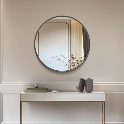 NEWBULIG 20IN Round Bathroom Wall Mirror, Modern Vanity Mirrors for Over Sink, HD Glass Decorative for Entryway, Bedroom & Living Room, Anti-Rust, Tempered Glass, Hanging or Leaning, Black - color: Black, size: 20.2"L x 20.2"W