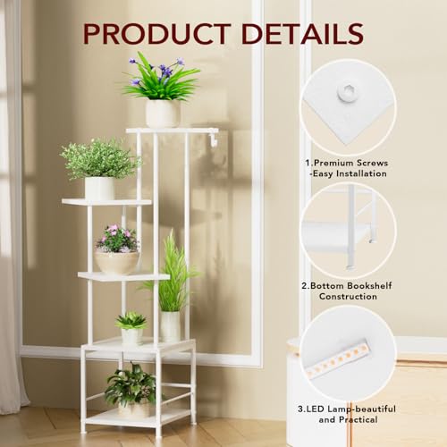 Homsorout Plant Stand Indoor with Grow Light - 5-Tier Metal Plant Shelf with Hanging Basket Hook, Corner Tall Flower Holder for Multiple Plants, Living Room Balcony Garden Patio, White - color: White, size: 5-Tier