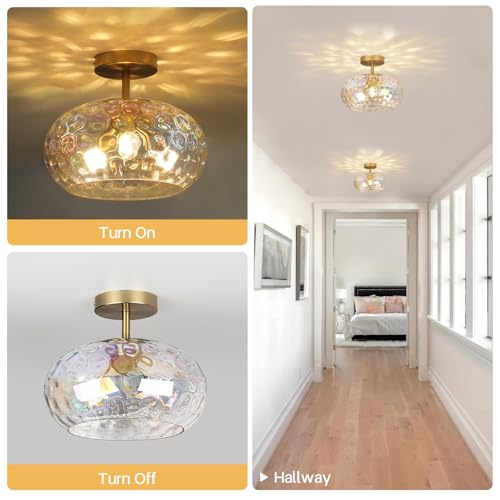 12" Iridescent Rainbow Hammered Glass Ceiling Light, 3-Light Semi Flush Mount Fixture, Modern Gold Lighting for Bedroom, Hallway, Kitchen, Dining Room, Living Room, Foyer - color: Iridescent