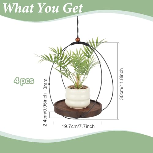 4pcs Circle Plant Hanger, Adjustable Height Hanging Planters with Sturdy Wooden Base & Planter Basket Holder, Modern Boho Flower Pot Plant Display Decor for Indoor Wall Ceiling Window