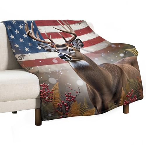 American Flag Hunting Deer Antler Fern Berry Super Soft Throw Blanket, Colorful Flag Brown Flannel Fleece Decorative Throw for Sofa Couch Bedroom Decor Outdoor Use 30"x40" - color: American Flag Hunting Deer Antler Fern Berry, size: 30"x40"