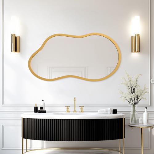 AAZZKANG Large Wall Mirror with Wood Framed 26"x16" Gold Irregular Hanging Mirrors Asymmetrical for Bathroom Bedroom Living Room Entryway - color: Gold, size: 26"L x 16"W