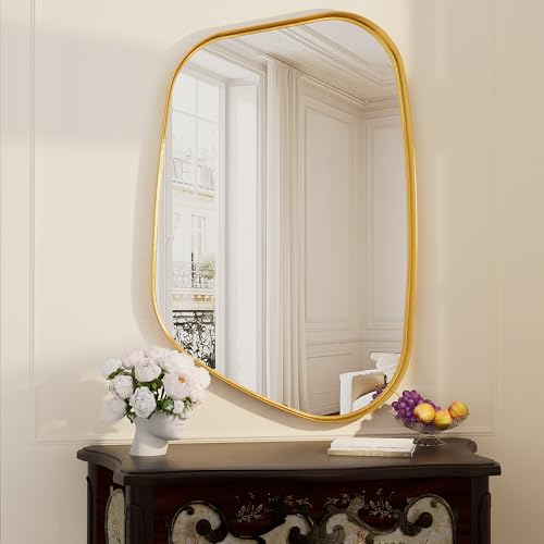 Irregular Wall Mirror 26"x40" Bathroom Mirrors Asymmetrical Artistic Decorative for Living Room Bedroom Bathroom Hallway Entryway,Trapezoid,Gold - color: Gold, size: 40"L x 26"W