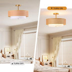 17.7" Gold Bohemian Wicker Flush Mount Ceiling Light, Hand-Woven Double Layer Drum Semi-Flush Fixture for Bedroom, Living Room, Dining Room, Hallway & Kitchen - color: 17.7'' Rattan&Fabric Gold