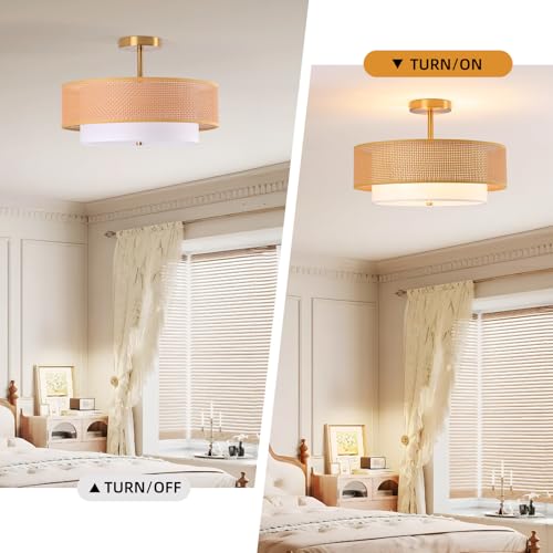 17.7" Gold Bohemian Wicker Flush Mount Ceiling Light, Hand-Woven Double Layer Drum Semi-Flush Fixture for Bedroom, Living Room, Dining Room, Hallway & Kitchen - color: 17.7'' Rattan&Fabric Gold