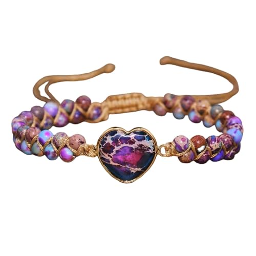 Women Boho Wrap Bracelet,Handmade Natural Stone Crystal Emperor Beads Heart Bracelet, Fashion Bohemian Jewelry Gift for Women - color: Purple Red