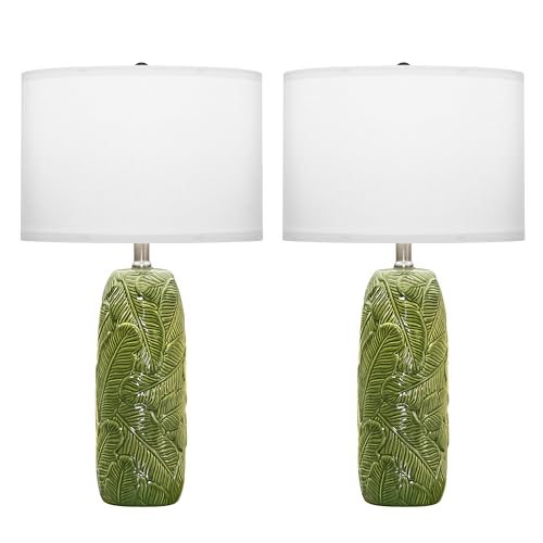 EUO 25” Green Lamps Set of 2 with Leaves Design for Living Room, Bedroom, Retro Ceramic Table Lamps for Nightstand Set of 2 - color: Green-L