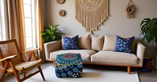 CRAFT KALA Indian Square Patchwork Traditional Pouf Cover Indian Living Room Pom Poufs Cover Decorative Designer Ottoman Home Living Footstool Chair Cover Ottoman Decor 18X18X14 inches, Blue Mirchi - color: Blue Mirchi