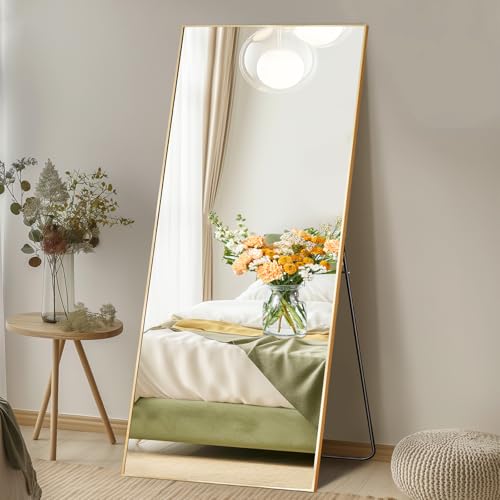DUMOS 24"x65" Full Length Mirror with Stand, Floor Standing Aluminum Frame, Shatter-Proof Nano Glass for Bedroom, Living Room, Cloakroom – Modern Simple Home Decor,Can Be Hanging or Leaning, Gold - color: Rect-gold, size: 65"L x 24"W