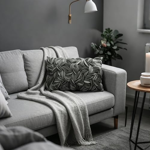 KINGROSE Handmade 3D Flower Accent Pillow Cover Decorative Throw Pillow Case Solid Soft Cushion Covers Velvet 12 x 20 Inches Grey - color: Dark Grey - Velvet