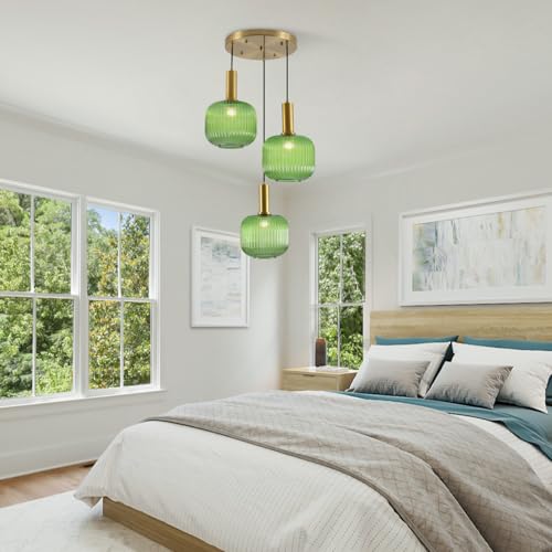 BOKT Green 3-Light Cluster Pendant Lights Mid Century Modern Ceiling Hanging Lighting 7.9" Farmhouse Gold Pendant Lights Kitchen Island with Ribbed Hand Blown Glass for Living Room Dining Room - color: Green 3-Light