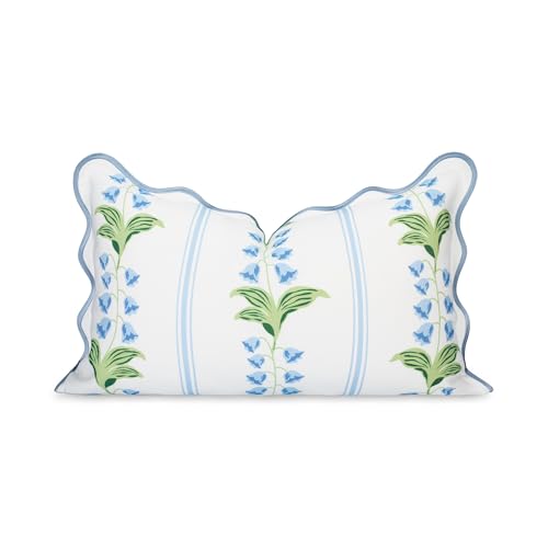 Hofdeco Premium Grandmillennial Coastal Hampton Patio Indoor Outdoor Lumbar Pillow Cover Only, 12"x20" Water Repellent for Backyard, Couch, Poolside, Blue Green Print Striped Lily of the Valley - color: Blue Grass Green Watercolor Striped Lily of the Vall