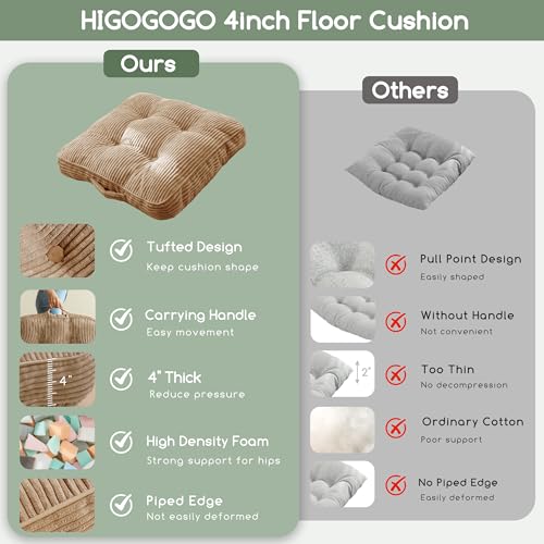 HIGOGOGO Floor Pillow Cushion for Adults, Meditation Cushion Pillow, Large Square Floor Sitting, Tufted Corduroy Cover, for Tatami Living Room or Yoga, 22x22 Inch, 2Pack, Coffee - color: Square Coffee, size: 4" Thick(Pack of 2)