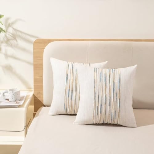 Boho Throw Pillow Covers 18x18 Set of 2 Farmhouse Decorative Cushion Case Striped Square Pillows Cover Chenille Pillow Cases Accent Neutral Pillowcase for Sofa Couch Bed,Yellow-Blue - color: Yellow-blue Stripe