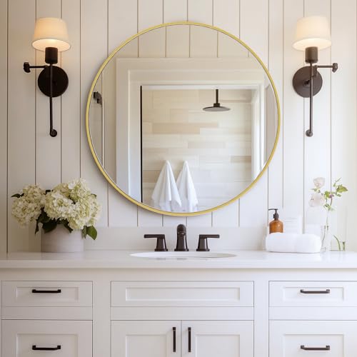 NEWBULIG 30IN Round Bathroom Wall Mirror, Modern Vanity Mirrors for Over Sink, HD Glass Decorative for Entryway, Bedroom & Living Room, Anti-Rust, Tempered Glass, Hanging or Leaning, Gold - color: Gold, size: 30"L x 30"W