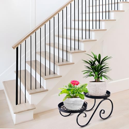 2 Tier Black Plant Stand, Metal Flower Stand Indoor Outdoor, Anti-Rust Iron Plant Shelf, Round Flower Pot Stands for Multiple Plants, Display Rack Potted Plant Holders for Garden Home Decor