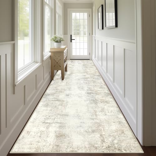 Capslpad 3x12 Beige Abstract Hallway Runner, Ultra Soft Fabric Washable Runner Rug, Non-Slip Rubber Backing, Stain Resistant Low Pile Runners for Hallways, Kitchen, Entryway, Bedroom - color: Beige, size: 3' x 12' (Runner)