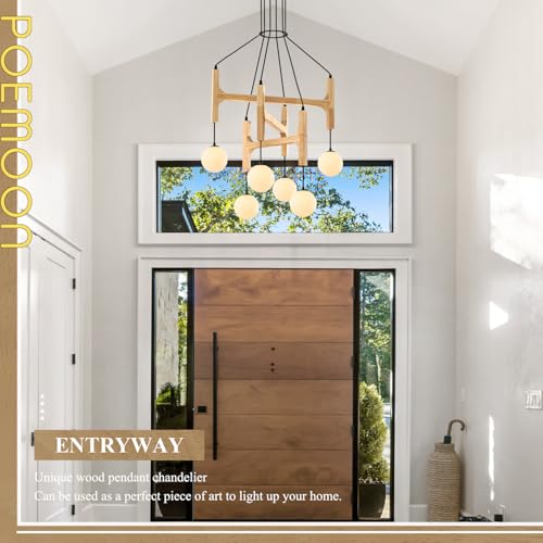Wooden Chandeliers L28 '' Natural Farmhouse 6-Light Milk Glass Pendant Light Rustic Mid Century Long Hanging Lighting for Living Dining Room Entryway Foyer Bedroom Kitchen,G9 - color: Natural Wooden, size: L28 inches