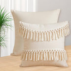 Boho Decorative Throw Pillow Cover 18x18 Inch Cozy Bohemian Macrame Cushion Cover Square White Cotton Pillow Case with Tassels for Couch Sofa Bed Bench Car Farmhouse Home Decor