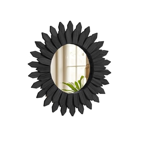 Boho Wood Sunburst Round Wall Mirror, 20 Inch Rustic Circle Wooden Frame Decorative Mirror for Farmhouse Coastal Home, Home Wall Decor for Living Room Entryway Bedroom, Black - color: Black, size: 20"L x 20"W