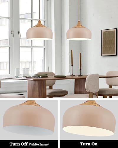 ELYONA 12 Inch Modern Japandi Pendant Light for Kitchen Island Farmhouse Hanging Lamp with Faux Pine Wood Grain Metal Shade, Adjustable Wabi Sabi Ceiling Fixture for Dining Room Bedroom,Light Brown - color: Light Brown