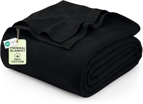 Utopia Bedding 100% Cotton Thermal Blanket Black King Size Soft, Lightweight, Breathable, Cozy Spring and Summer Blankets for Bed, Home Room Decor Gifts for Women and Men (90x108 Inches) - color: Black, size: King