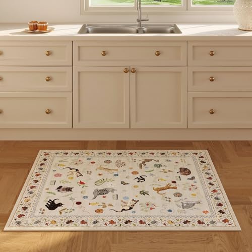 Rugcomf Door Mat Indoor Entrance 2x3 Rug Machine Washable Boho Floral Animal Cat Small Area Rug Non-Slip Low Pile Throw Rugs for Entryway Kitchen Front Door Indoor Entrance Entry Kids Room, Beige - color: Beige/Cat, size: 2' x 3' (Rectangular)