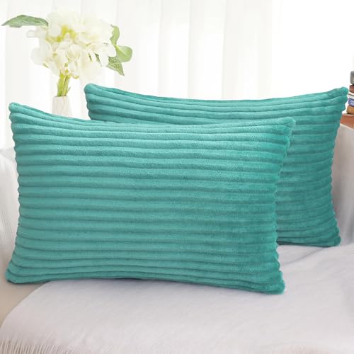 Simmore Decorative Throw Pillow Covers 12x20 Set of 2, Soft Plush Flannel Double-Sided Fluffy Lumbar Pillow Covers for Couch Sofa Living Room, Aqua Haze - color: Aqua, size: 20" x 12" (Pack of 2)