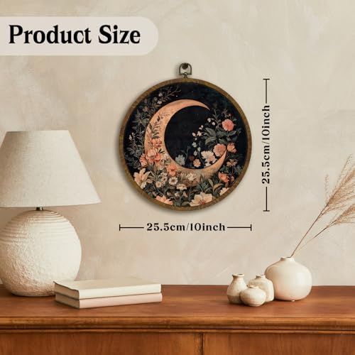 HEYJEEPER Vintage Crescent Moon Wall Art Decor,Boho Romance Floral Round Hanging Artwork, Mystical Botanical Linen Wall Hanging Decor for Living Room Bedroom Office Home, 10 Inch (Black-Moon)