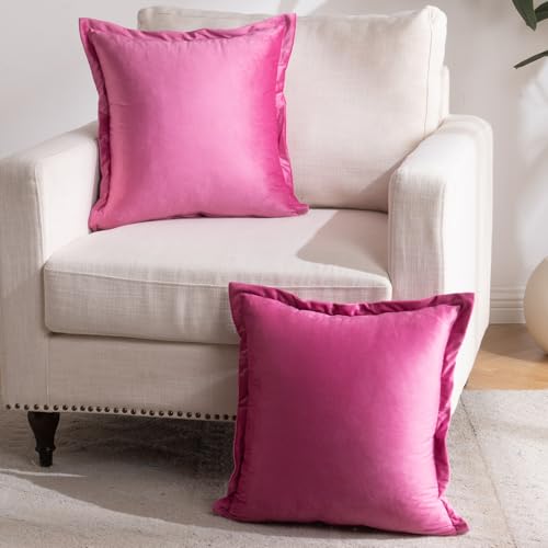 FUTEI Hot Pink Throw Pillow Covers 18x18 Set of 2, Decorative Soft Velvet Cozy Neutral Cushion Case with Elegant Design, Boho Modern Home Decor for Couch Bed Living Room - color: Hot Pink-no Tassels, size: 18" x 18" (Pack of 2)