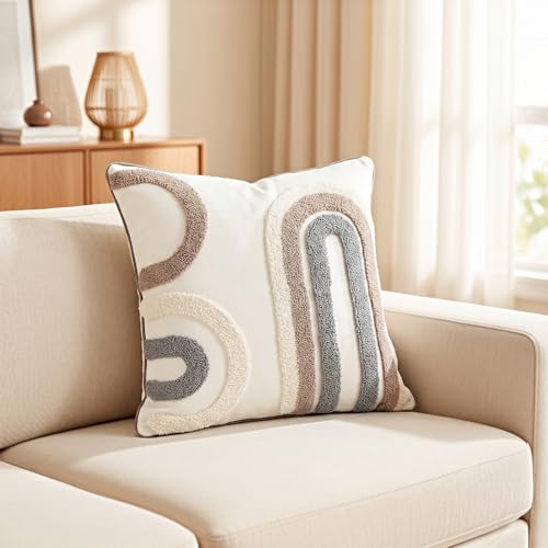 18in x 18in Geometric Tufted Pillow Cover, Neutral Gradient Stripe Cushion Case, Modern Textured Throw Pillow Sham for Sofa Bedroom Living Room, Boho Farmhouse Home Decor - color: Pastoral Style 4, size: 18" x 18" (Pack of 1)