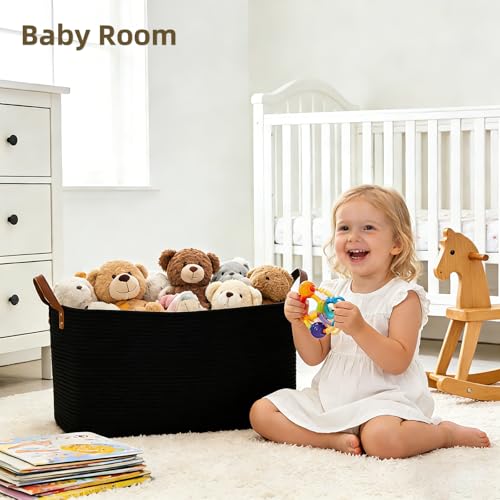 BOLDMONKEY 89L Extra Laundry Basket with Leather Handles,Woven Cotton Rope Blanket Basket,Toy Bin for Baby Room,Laundry Hampers for Bedroom, Living Room,Bathroom,24"x16"x15" Black - color: Black, size: 89L