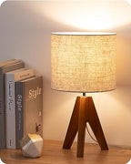 EDISHINE Tripod Table Lamp, Small Cute Bedside Lamp with Linen Beige Lampshade, Nightstand Lamp for Nursery, Bedroom, Kid Room, Living Room, Light Brown Wooden Base, E26 Socket, 14.2 Inch - style: Bohemian