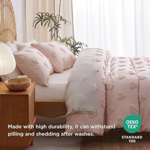 Boho Tufted Comforter Set Queen Size Pink Heart Tufted Textured Bedding Set 3 Pieces Farmhouse Shabby Chic Embroidery Bed Set Soft Jacquard Comforter for All Season with 2 Pillowcases - color: Pink Heart, size: Queen (90"x90")