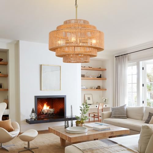 20" Boho Rattan Chandelier Light Fixture,5-Light Hand Woven Wicker Pendant Light Fixture Farmhouse Rustic Hanging Ceiling Light for Kitchen Island Bedroom, Dining Room, Living Room, Entryway - style: Boho-Round-20in