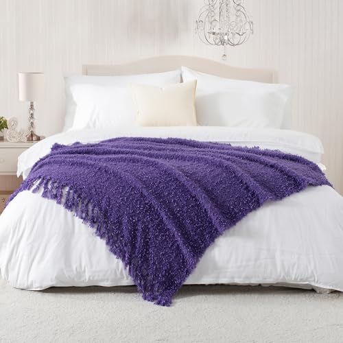 Winter Knit Throw Blanket Fluffy Fuzzy Soft Lightweight Cozy Farmhouse Tassels Chunky Knitted Throws for Couch Sofa Bed (Purple, 50"x60") - color: Purple, size: 50"x60"