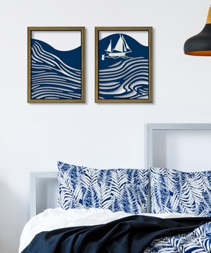 Putuo Decor Abstract Wall Art, Set of 2 Blue Ocean Wave Modern Wall Art for Living Room, Minimalist Nautical Wall Decor for Home or Office 16x8 In - color: Blue Mountain